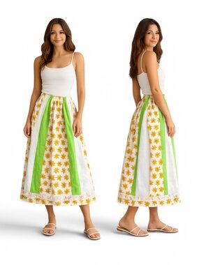 Vtg 70s Daisy Patchwork Cottgecore Midi Maxi Skirt Boho Floral Lace Hem Folk